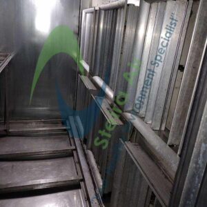 Interior view of HVAC coils showing clean surfaces after steam cleaning, featuring the Steira Air logo and emphasizing eco-friendly coil maintenance.