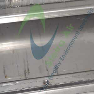 Clean HVAC coil surface after steam cleaning, showcasing the effectiveness of eco-friendly methods by Steira Air, with brand logo and emphasis on improved indoor air quality.