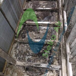 Dirty HVAC coils showing buildup of dirt, grease, and debris, highlighting the need for eco-friendly steam cleaning services by Steira Air.