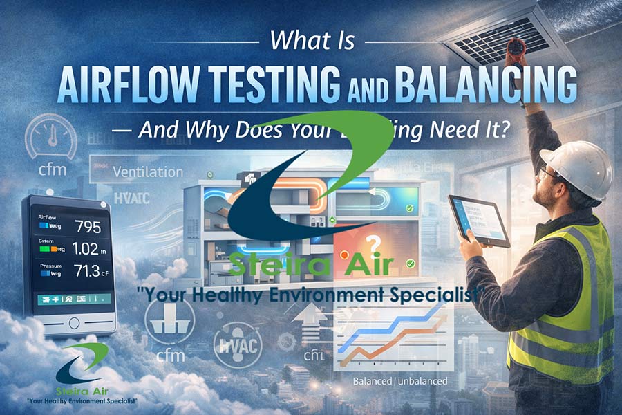 Technician analyzing airflow data on digital displays, showcasing airflow testing and balancing for HVAC systems, with Steira Air branding and key metrics like cfm and pressure readings.