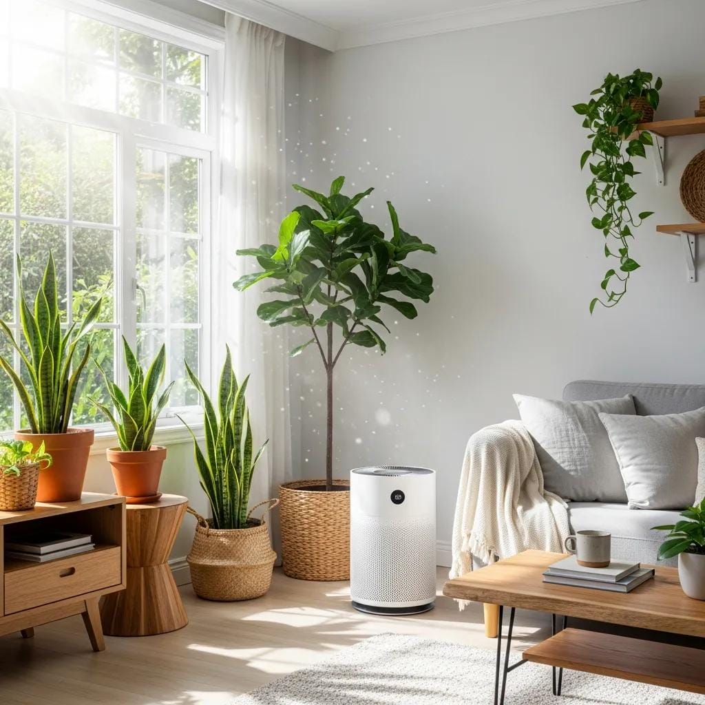 Indoor living space with air purifier and plants promoting healthy air quality