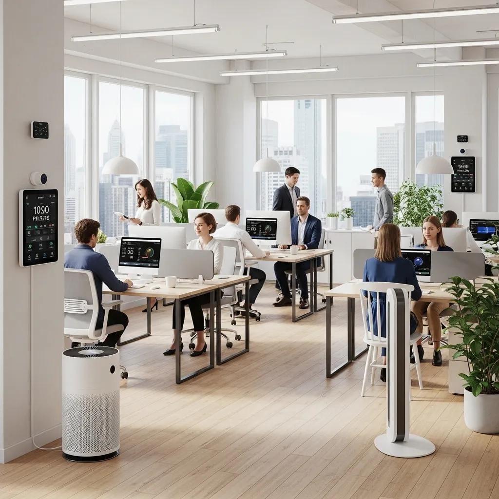 Modern office environment with air quality monitoring devices and people working comfortably