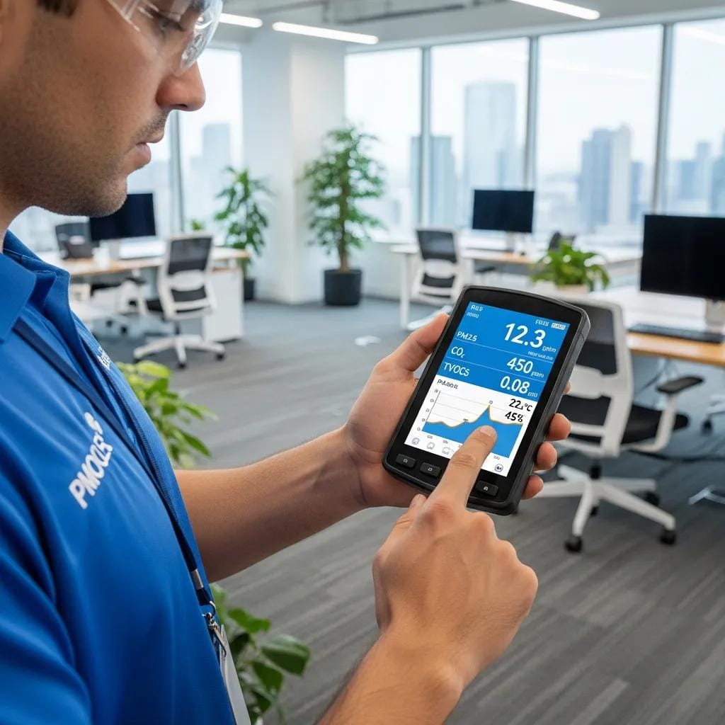 Professional conducting indoor air quality testing with advanced monitoring equipment in a commercial office