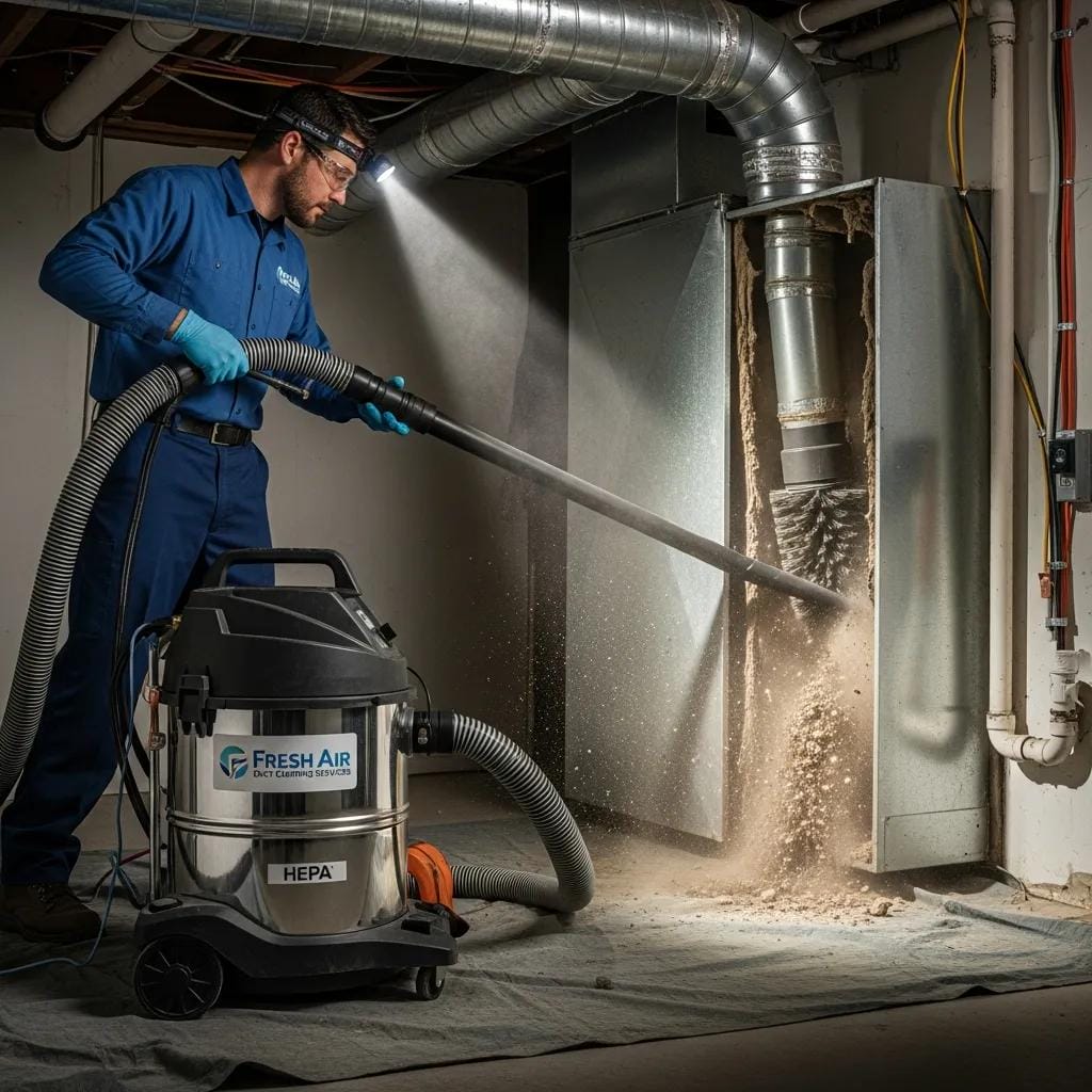 Technician cleaning air ducts to improve indoor air quality and reduce pollutants