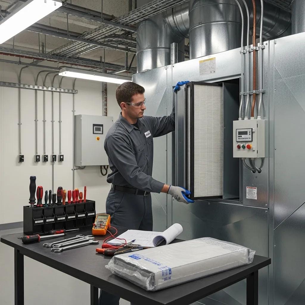 Technician installing a high-efficiency air filter in a clean HVAC mechanical room