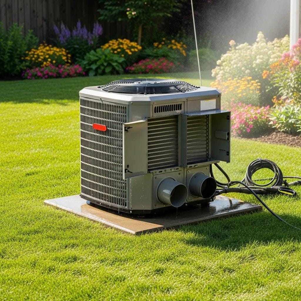 Clean outdoor HVAC unit demonstrating improved efficiency after pressure washing