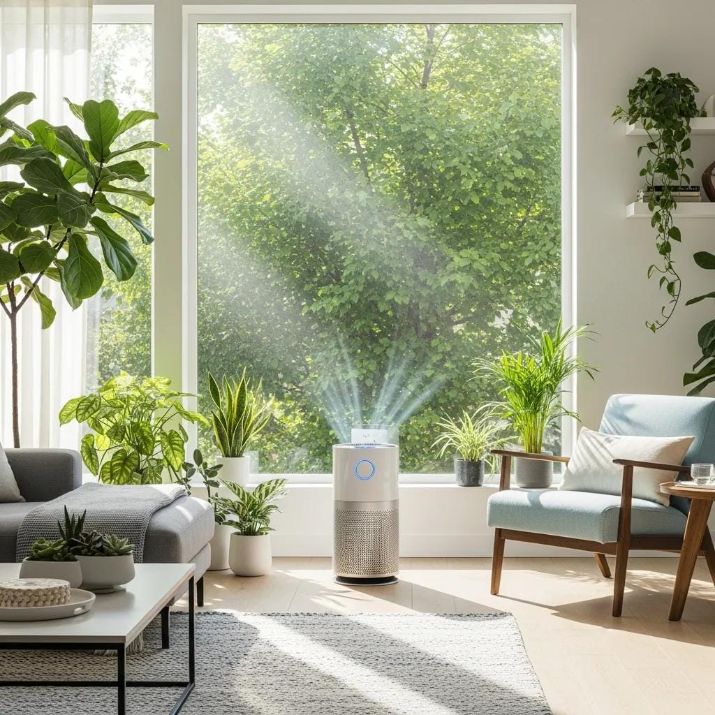 Modern air purifier in a bright living room emphasizing indoor air quality solutions