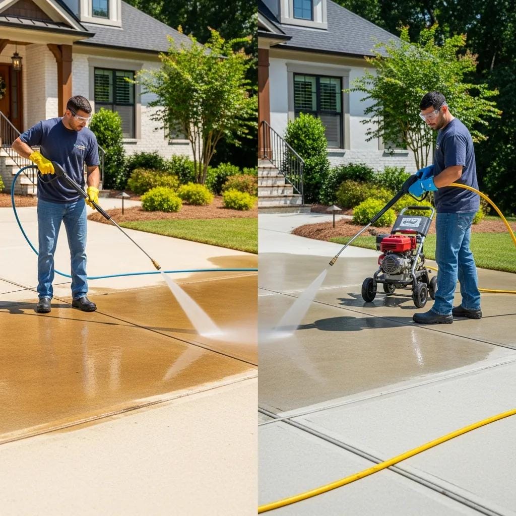 Professional pressure washing service removing dirt from a driveway in Snellville
