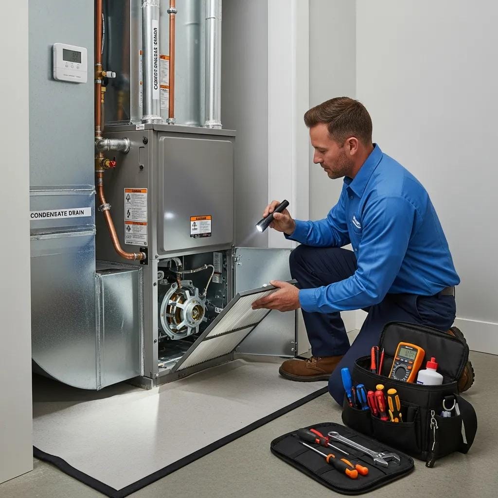 Technician maintaining HVAC system to improve indoor air quality