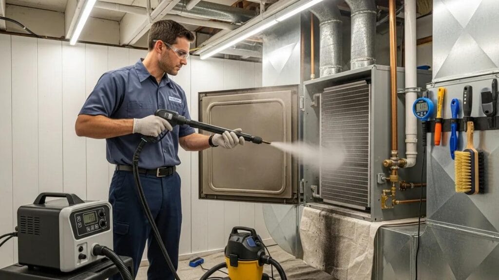 Technician performing steam coil cleaning on HVAC system for improved efficiency