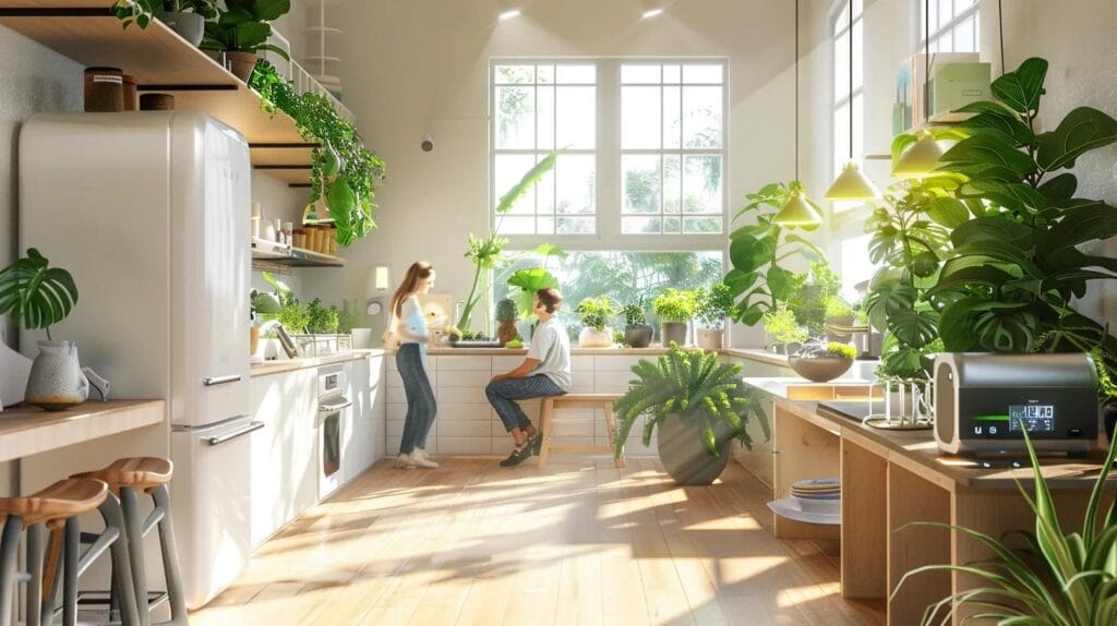 Family enjoying a healthy indoor environment with air quality monitors and plants