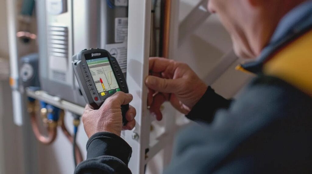 Technician performing indoor air quality testing with monitoring equipment in a home