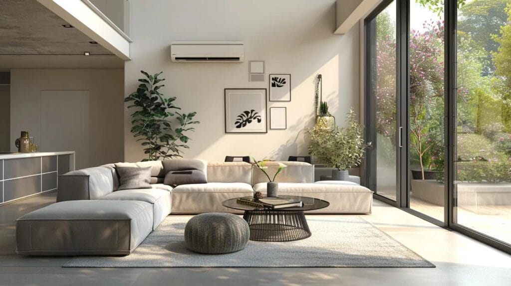 Modern HVAC system installed in a stylish living room, showcasing comfort and efficiency