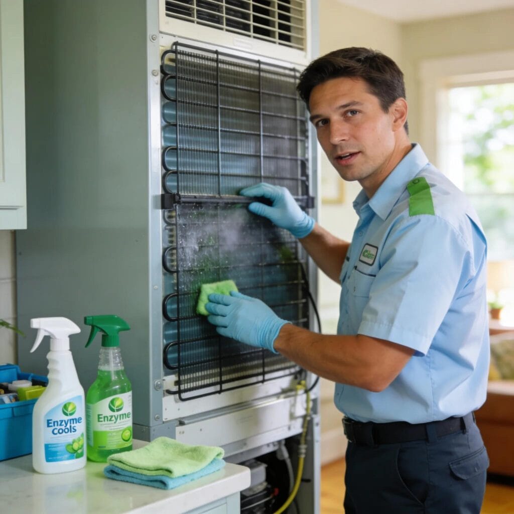 Technician using enzyme cleaning products on HVAC coils for improved efficiency in East Snellville