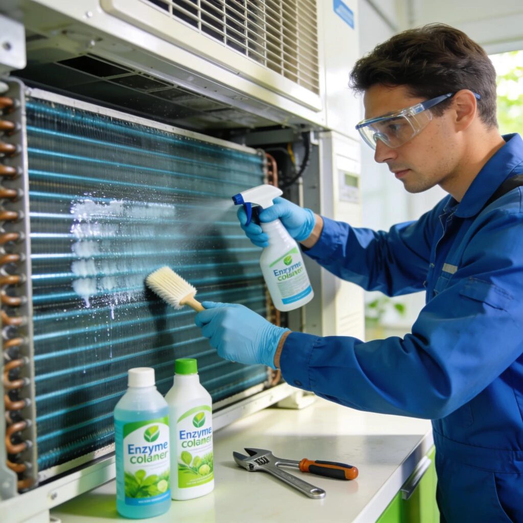 Technician performing enzyme coil cleaning on HVAC coils with eco-friendly products