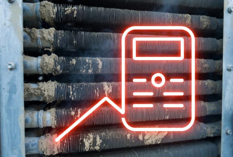 Dirty HVAC coil and graph illustrating increased energy consumption.