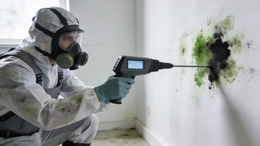 Professional mold removal technician inspecting for mold in a residential setting