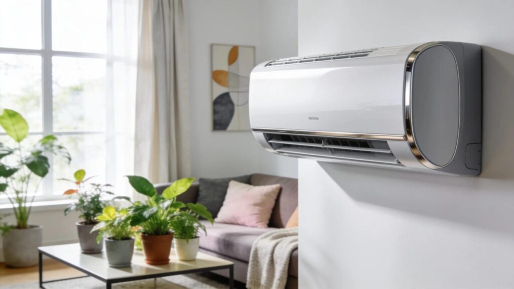 Modern air conditioning unit in a bright living room emphasizing comfort and energy efficiency