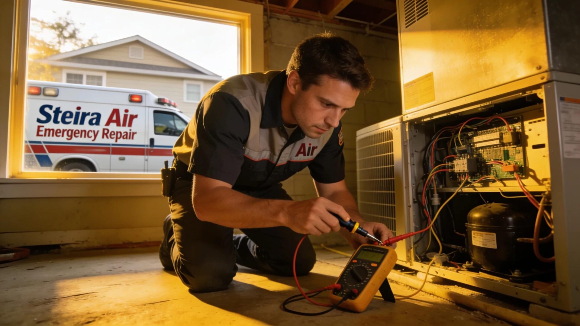 HVAC technician conducting emergency repair work in a home, showcasing professionalism and expertise