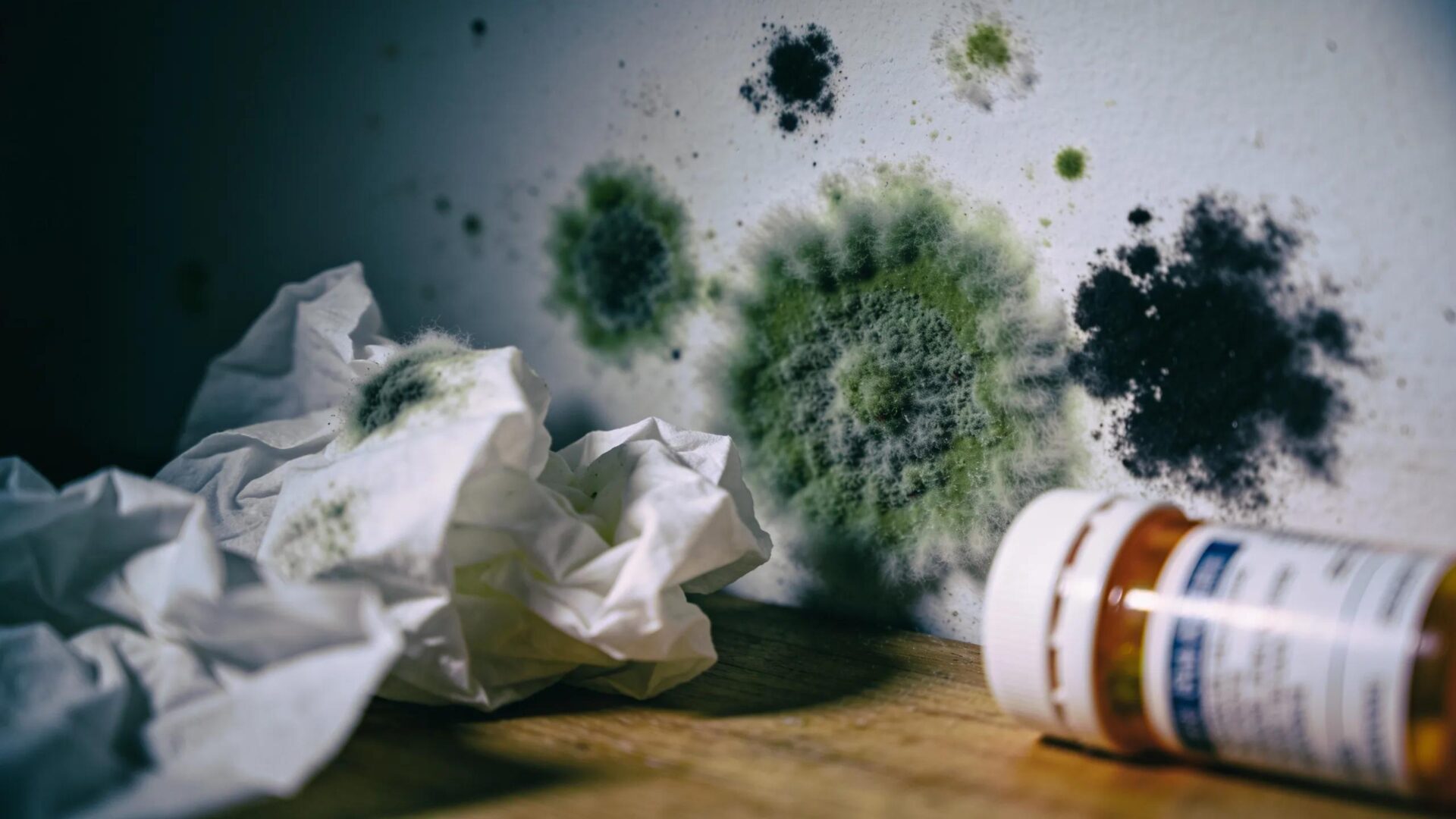 Visible signs of mold growth on a wall with health symptoms imagery