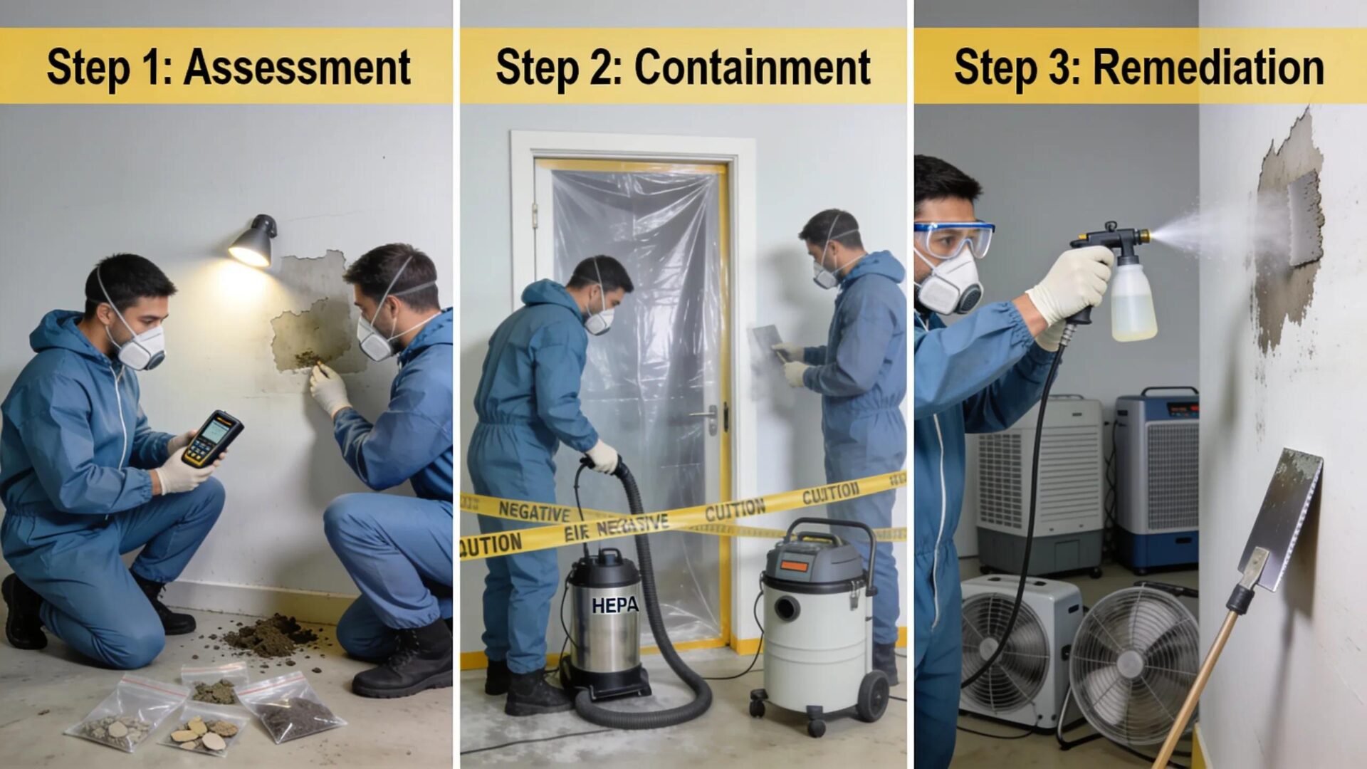 Collage of key steps in the mold remediation process showcasing professional services